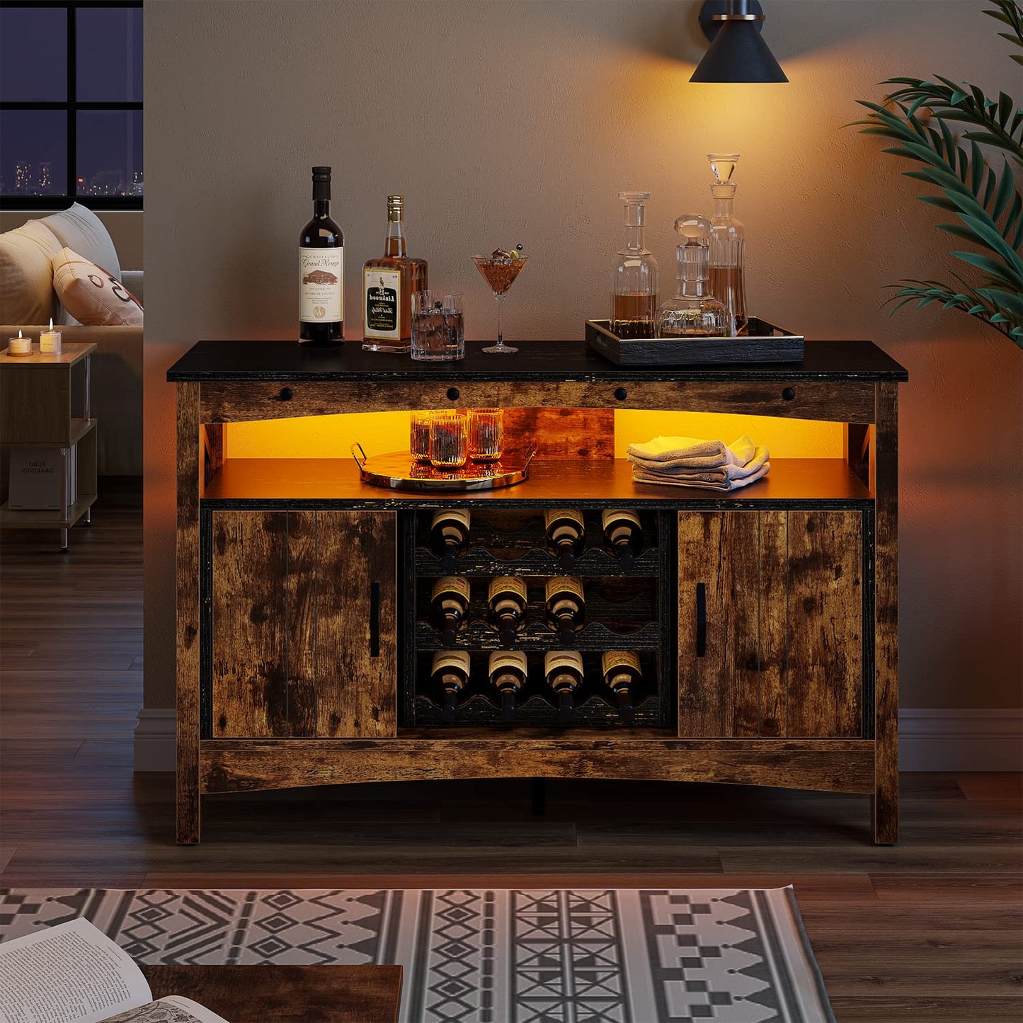 Bestier Wine Bar Cabinet with Wine Rack, Farmhouse Coffee Bar Sideboard with LED Lights, Industrial Sideboard Buffet Cabinet with Storage, Rustic Brown