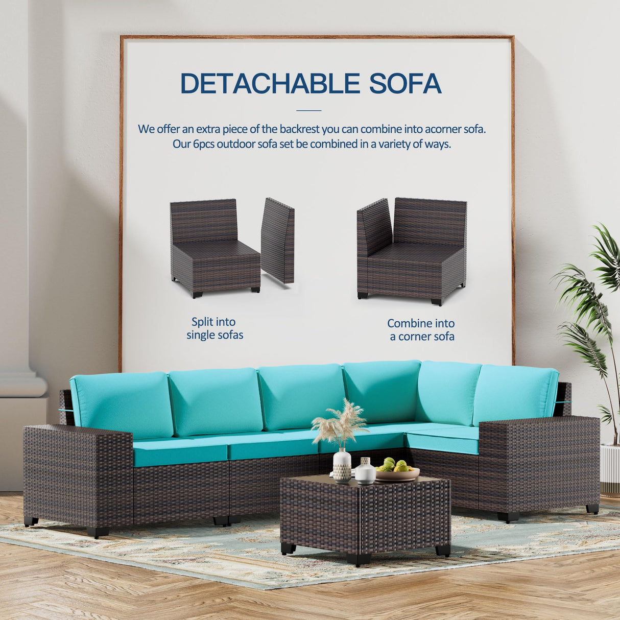 Kullavik 13 Pieces Outdoor Patio Furniture Set with 43" 55000BTU Gas Propane Fire Pit Table PE Wicker Rattan Sectional Sofa Patio Conversation Sets,Blue Kullavik