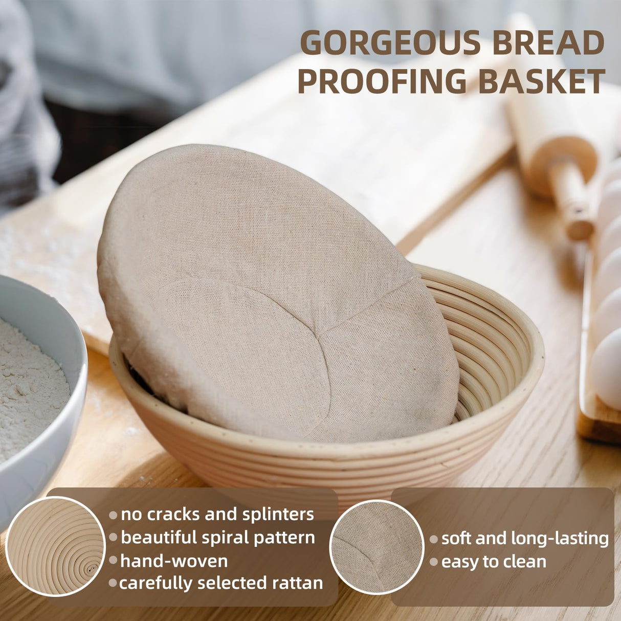 Bread Proofing Basket, Kikcoin Banneton Bread Proofing Basket Set of 2, 9 Inch & 10 Inch Round Sourdough Proofing Basket with Linen Liner, Bread Lame Kikcoin