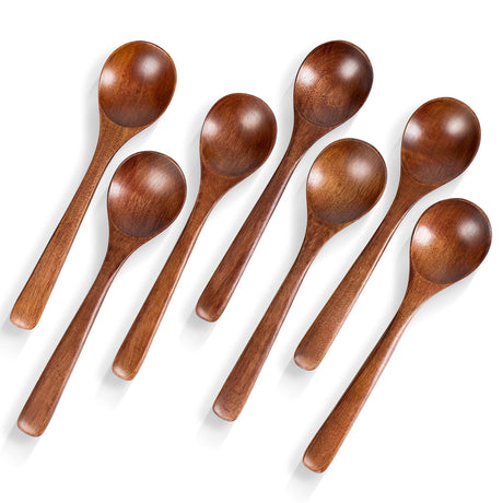 Hefild 7 PCS Wooden Spoons for Eating, 7 inch Wooden Honey Spoons for Tea, Wooden Teaspoons for Stirring Coffee, Hard Wood Table Spoons for Cooking, Small Serving Spoons for Soup, Desserts & Cereal Hefild