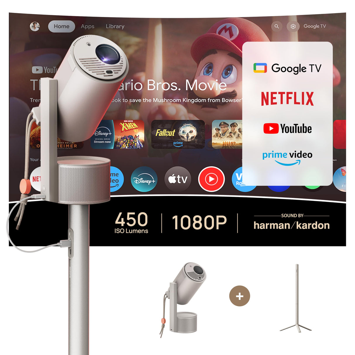 XGIMI MoGo 3 Pro 2024 NEW Outdoor Projector with PowerBase Stand, 2.5hrs Battery, Google TV with Licensed Netflix, Build-in Adjustable Stand, 450 ISO Lumens, ISA 2.0, 2 x 5W Harman Kardon XGIMI