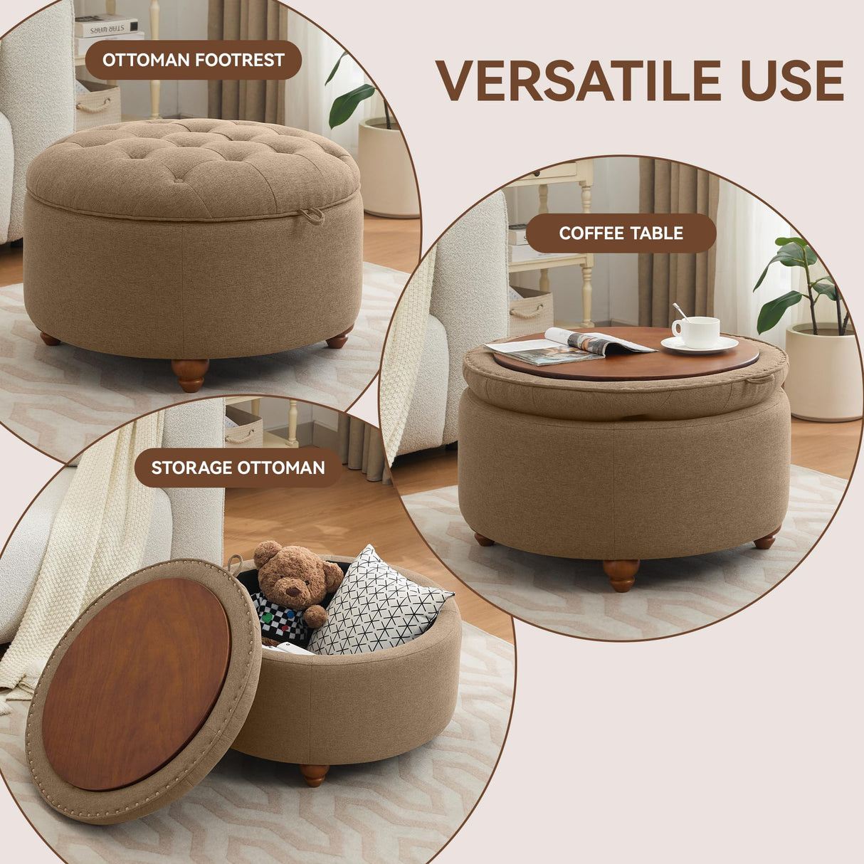 WUTUTUEE 30Inch Round Storage Ottoman with Tray, Modern Tufted Fabric Circle Coffee Table with Storage, Upholstered Ottoman with Removable Top for Living Room, Bedroom, Brown WUTUTUEE
