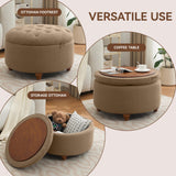 WUTUTUEE 30Inch Round Storage Ottoman with Tray, Modern Tufted Fabric Circle Coffee Table with Storage, Upholstered Ottoman with Removable Top for Living Room, Bedroom, Brown WUTUTUEE