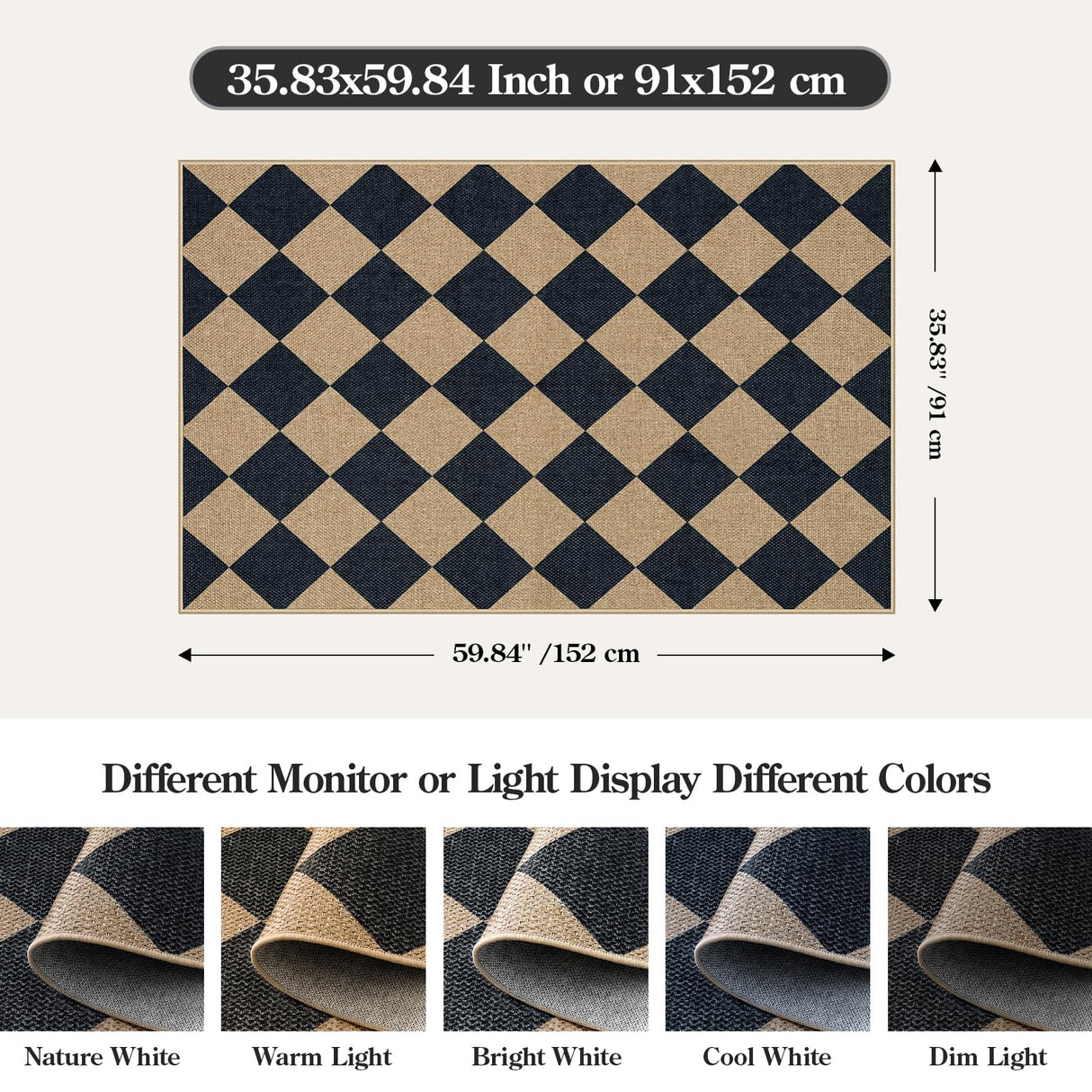 Lahome Checkered Easy Jute 3x5 Outdoor Patio Rug, Washable Rugs for Entryway Diamond Indoor Outdoor Living Room Carpet, Farmhouse Neutral Non Slip Black Door Carpet for Backyard Bedroom Lahome
