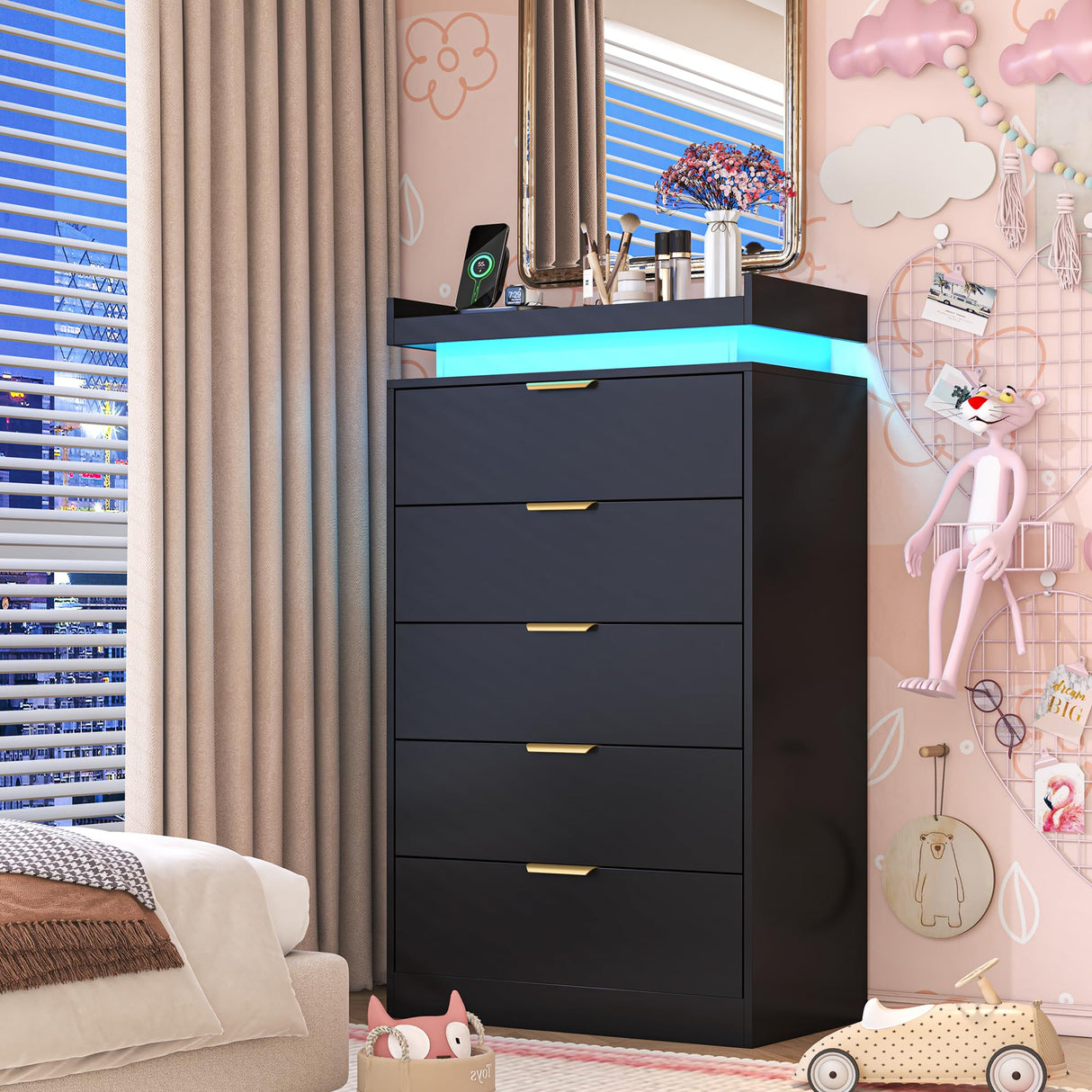 knoworld Tall Dresser for Bedroom, Black Dresser with LED Lights, Wood 5 Drawer Chest with Power Outlet, Modern Chest of Drawers for Bedroom, Living Room, Entryway, Hallway knoworld