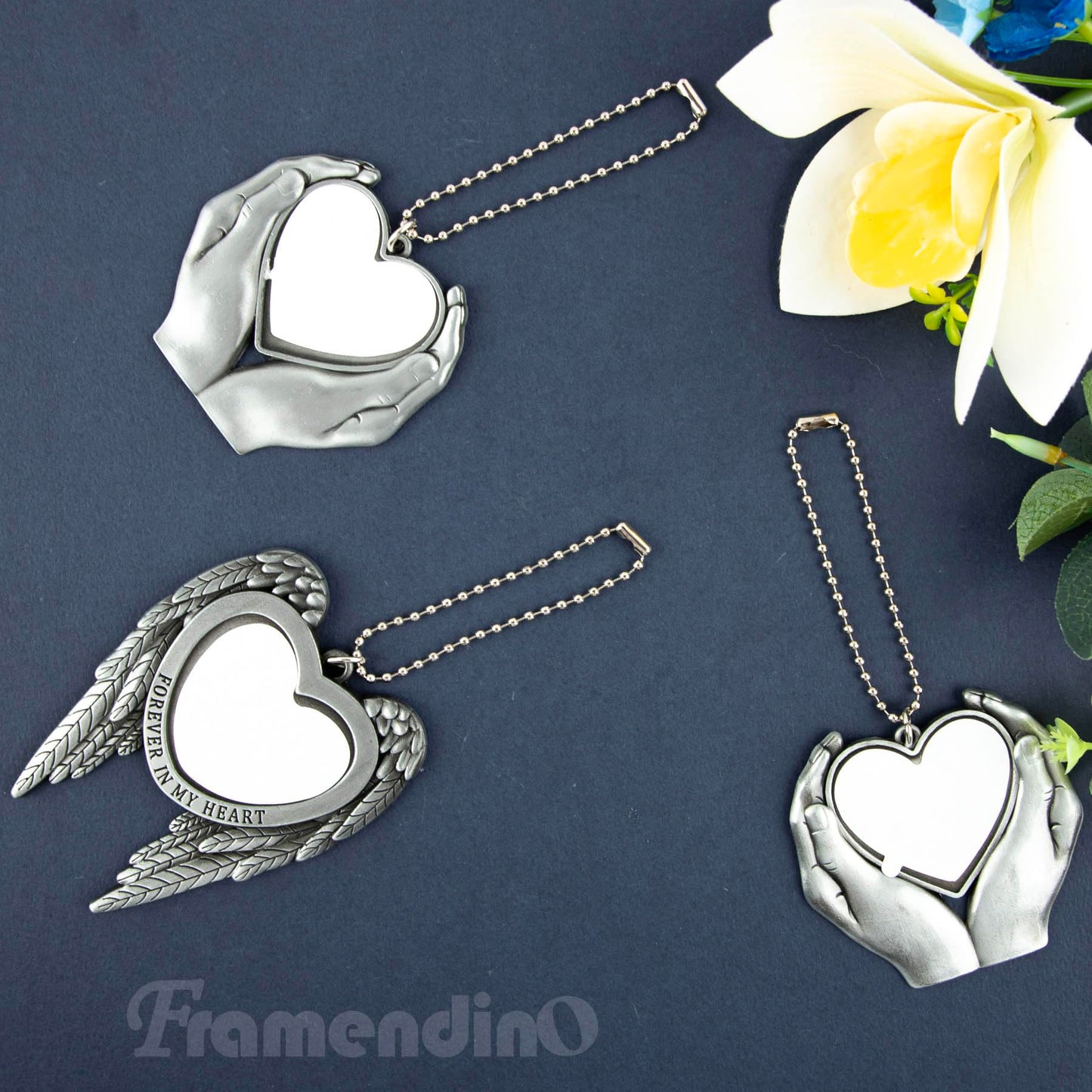 Framendino, 4 Pack Sublimation Blank Angel Wing Car Hanging Ornament Pendant Heart Photo Frame DIY Charms