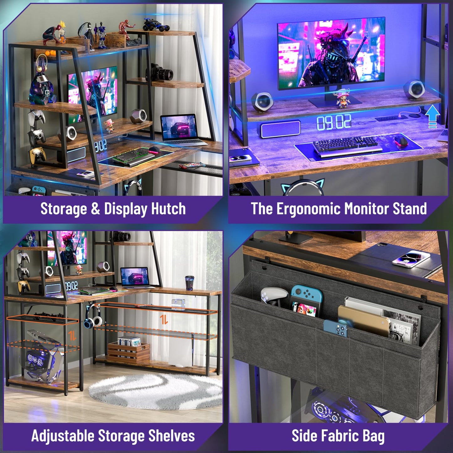 L Shaped Gaming Desk with Hutch, 47'' Gaming Computer Desk with LED Lights & Power Strips, Reversible L-shaped PC Gaming Desk with Storage Shelves, L Desk for Gaming with Monitor Stand, Rusti - WoodArtSupply