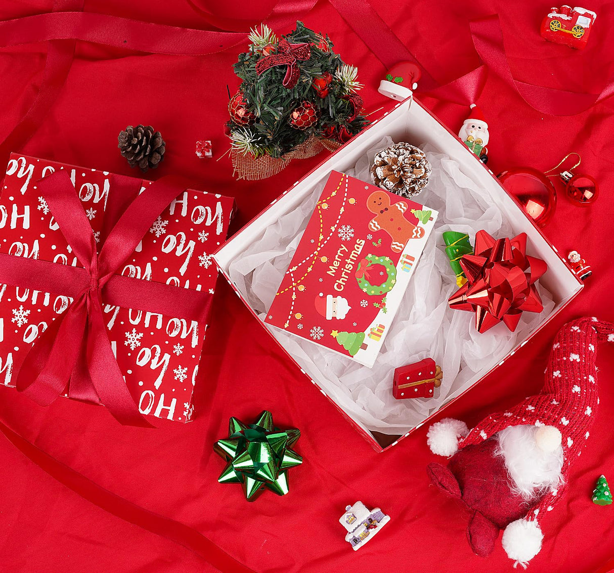 Jaywayang 5 Pack Red Christmas Gift Boxes with Lids, Ribbons and Tissue Papers Square Gift Boxes - 7.1 Inch - Presents Wrapping Christmas Gift Holiday New Year Party Favor Boxes. Jaywayang