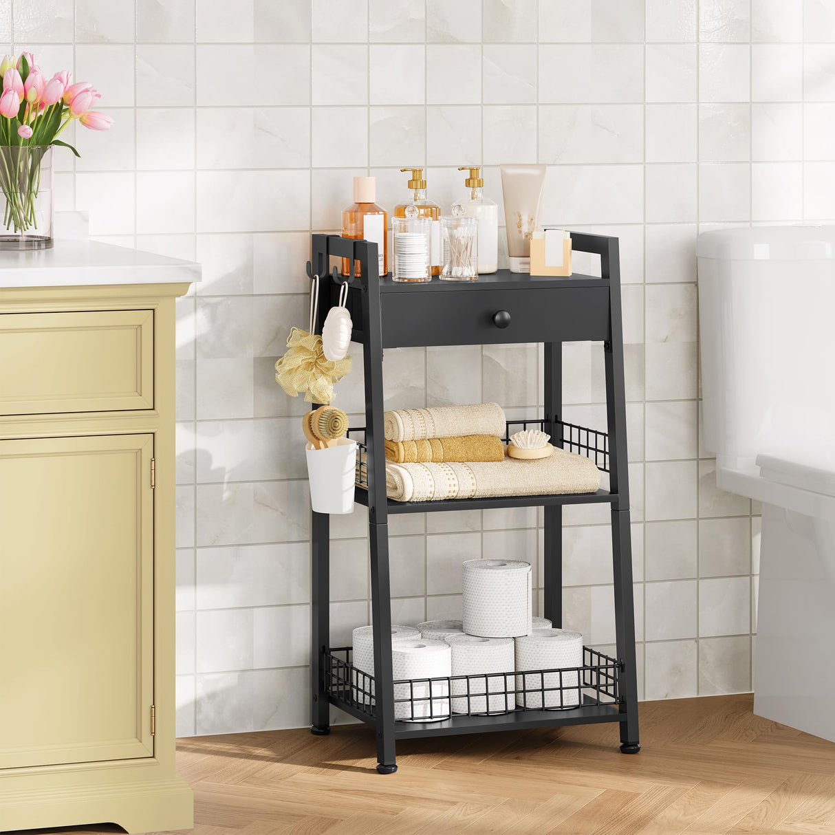 Gewudraw 3-Tier Bathroom Ladder Shelf with Drawer, Freestanding Tower Shelf Ladder Bookshelf for Living Room, Bedroom -Black Gewudraw