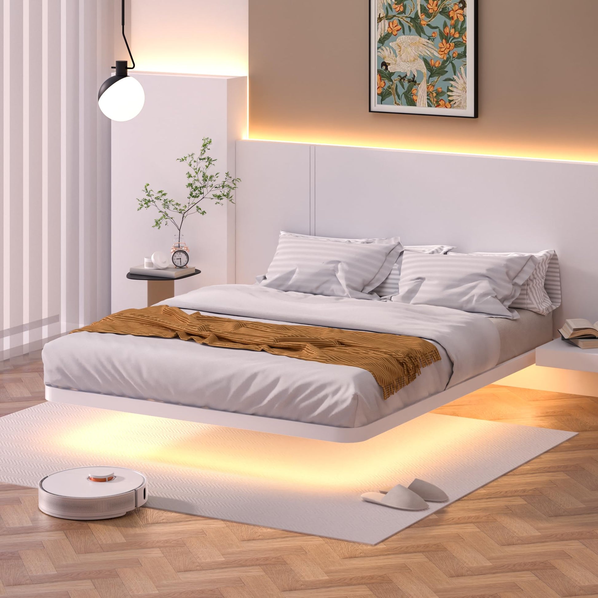 Meitewei King Size Floating Bed Frame with LED Lights - Modern Metal Platform Design, No Box Spring Needed, Noise-Free Assembly, White - WoodArtSupply