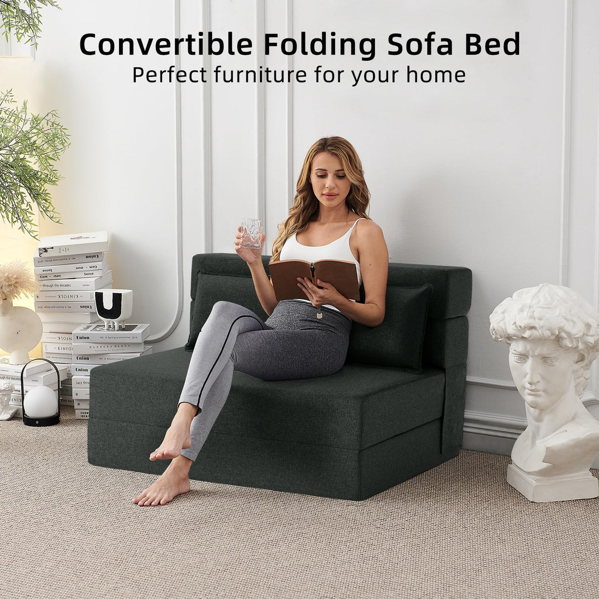 FILUXE Convertible Folding Sofa Bed - Sleeper Chair with Pillow, Modern Linen Fabric Floor & Futon Couch, Foldable Mattress for Living Room/Dorm/Guest/Home Office/Apartment, Standard Size, Dark Gray FILUXE