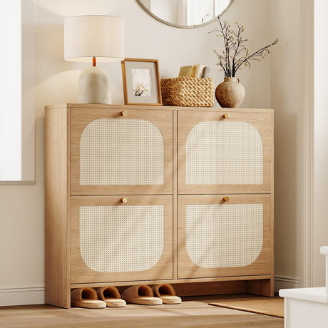 Nicetree Shoe Cabinet Storage for Entryway, Narrow Shoe Organizers with 4 Flip Drawers, Freestanding Large Shoe Rack with 3-Tier Adjustable Shelves for Hallway (4-Drawers, Wood Color) Nicetree