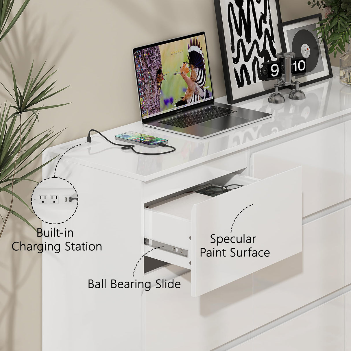 wanan 9 Drawer Dresser, Glossy White Dresser with LED Lights & Charging Station, Ball Bearing Slide wanan