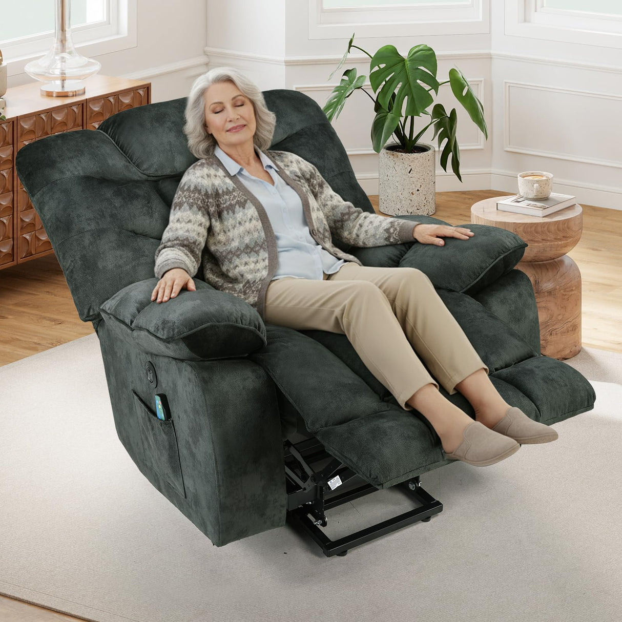 HAOMARKETS Oversized Power Lift Recliner Chair with Massage and Heat for Elderly, Soft Fabric Electric Lifting Recliners with Side Pockets and USB Port for Living Room, Dark Green HAOMARKETS