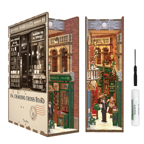 Tonecheer DIY Book Nook Kit for Adults, 3D Wooden Puzzle Bookend Bookshelf Insert Library Decor, Booknook Miniature House Kit with Body Motion Sensor LED Light (84 Charing Cross Road) Tonecheer
