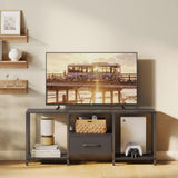JARHETUN TV Stand with Fabric Drawer for 55 Inch TV, Entertainment Center with Open Shelves, Media TV Console Table for Living Room, Bedroom, Black JARHETUN
