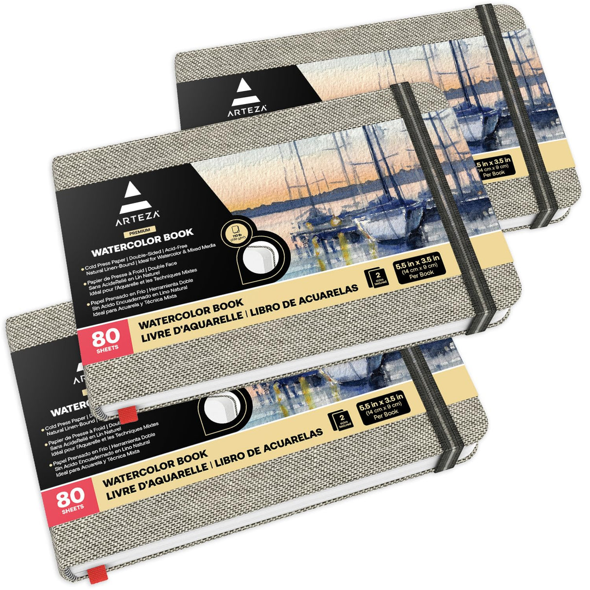 ARTEZA Watercolor Book, Pack of 3, 80 Pages Each, 3.5x5.5 Inch Watercolor Notebook, 110lb/230gsm Water Color Paper ARTEZA