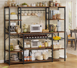 UPOSOJA Large Bakers Rack with Power Outlet, 62.4in Wide Kitchen Microwave Stand with Storage Shelves, 5-Tier Coffee Bar, Wine Rack, Goblet Holder, 8 Hooks, Wire Basket(Rustic Brown, Large) UPOSOJA