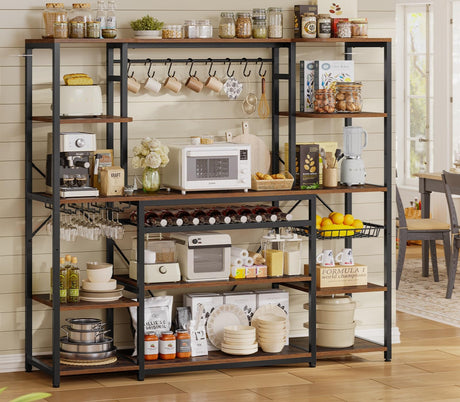UPOSOJA Large Bakers Rack with Power Outlet, 62.4in Wide Kitchen Microwave Stand with Storage Shelves, 5-Tier Coffee Bar, Wine Rack, Goblet Holder, 8 Hooks, Wire Basket(Rustic Brown, Large) UPOSOJA
