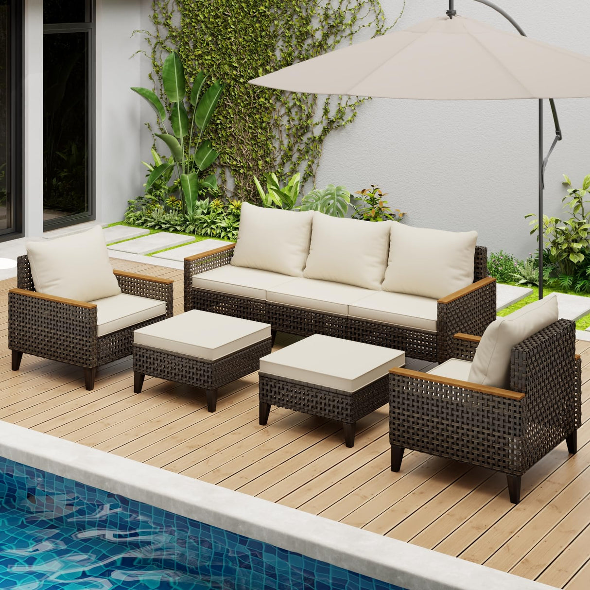 Xmkmvk 7 Piece Patio Sectional Sofa Furniture Set, All-Weather Wicker Rattan Outdoor Conversation Set with High Back and Thick Cushions, for Garden, Porch, Poolside, Beige Xmkmvk