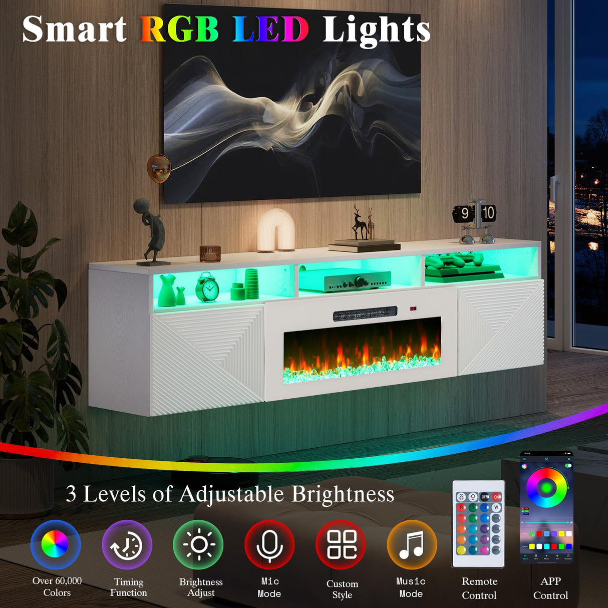 LUXOAK Floating TV Stand with 36" Electric Fireplace, 70 inch Wall Mounted Electric Fireplace Entertainment Center with Storage Space, TV Stand for Living Room for TVs Up to 80", All White LUXOAK