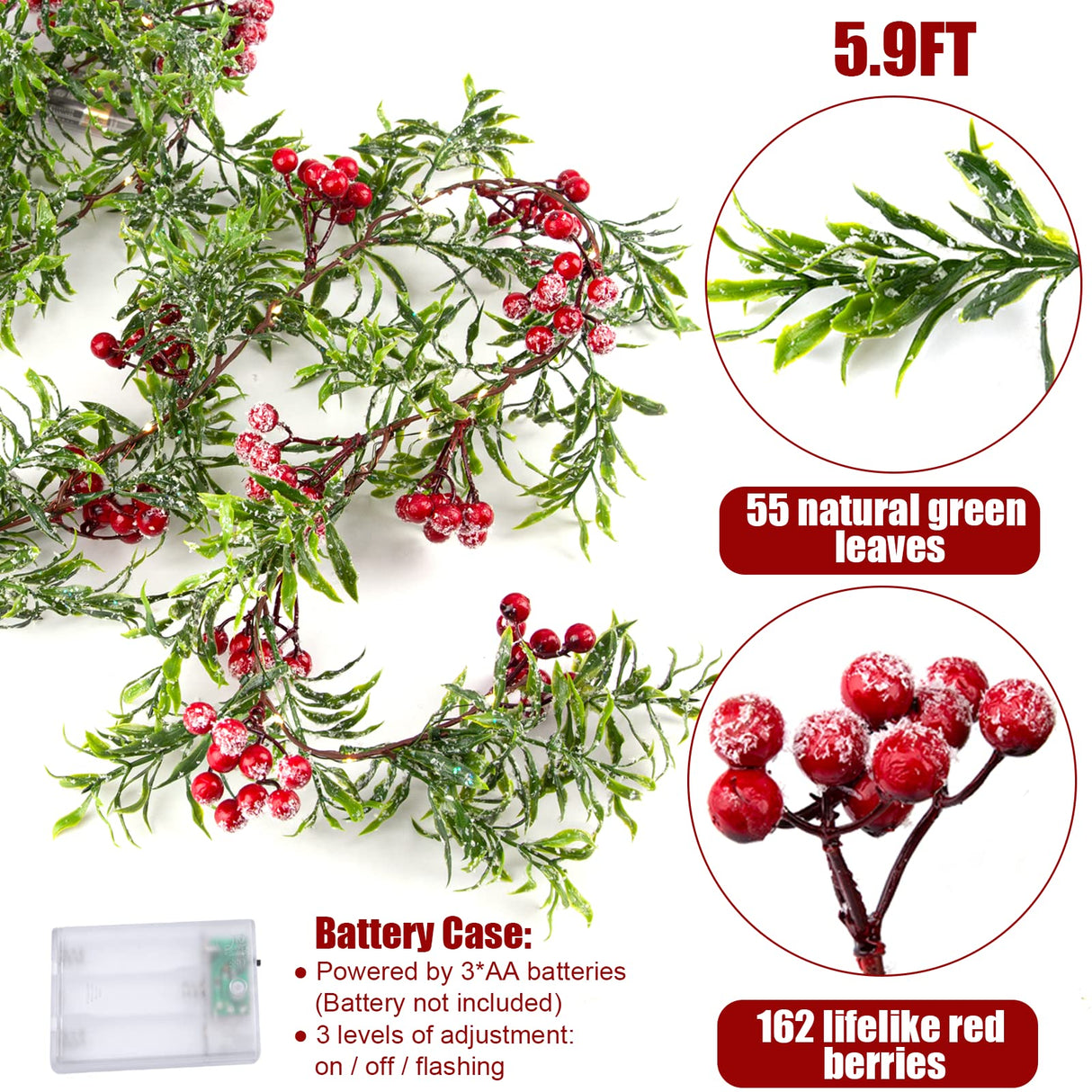 5.9FT Artificial Christmas Garland String Lights with 162 Snowy Red Berries 55 Green Leaves 20 LED Lights Battery Operated for Xmas Mantle Indoor Outdoor Holiday Christmas Thanksgiving Decoration LAWOHO