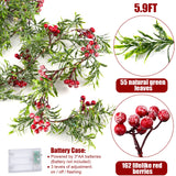 5.9FT Artificial Christmas Garland String Lights with 162 Snowy Red Berries 55 Green Leaves 20 LED Lights Battery Operated for Xmas Mantle Indoor Outdoor Holiday Christmas Thanksgiving Decoration LAWOHO