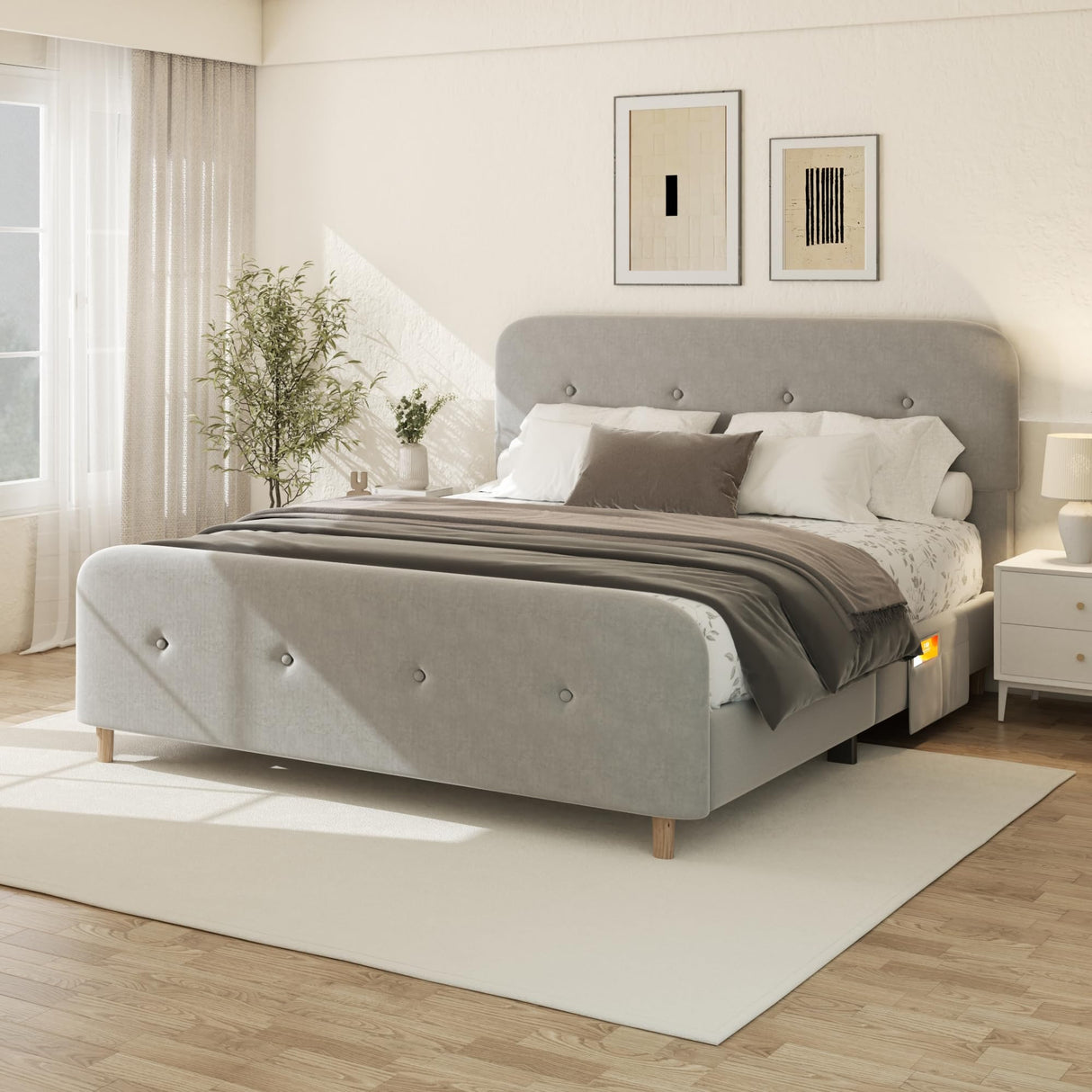 King Size Platform Bed Frame with Velvet Upholstered Headboard, Button Tufted Headboard and Footboard, Anti-Collision Soft Rounded Corners, No Box Spring Needed, Easy Assembly, Light Gray viplov