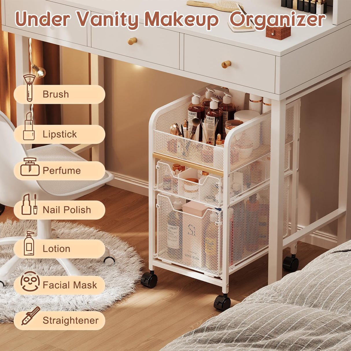 Hongtamoya Rolling Makeup Cart Organizer with 2 Drawers, Narrow Floor Skincare Organizers, Vanity Organizer Cosmetics Display Cases Holder for Skin Care Nail Polish Perfume Makeup Brush, White Hongtamoya