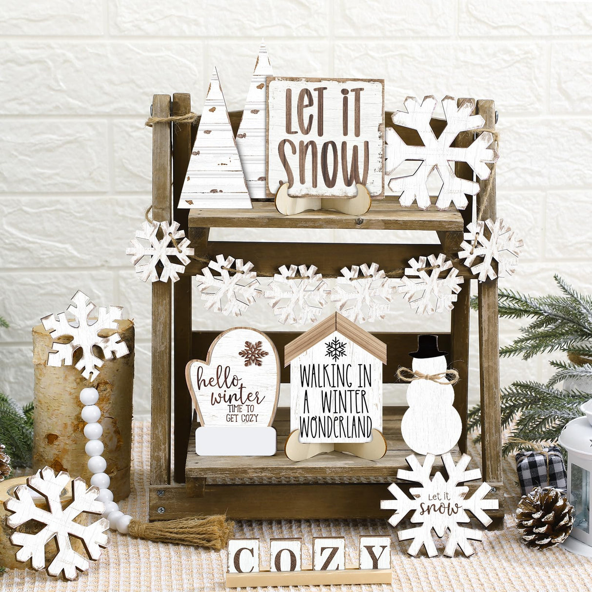 GlikCeil 19 Pcs Neutral Winter Tiered Tray Decor Sets Cozy Snowflakes Wooden Signs Tiered Tray Decor Rustic Farmhouse Decoration for Winter Xmas Home Tabletop(Rustic) GlikCeil