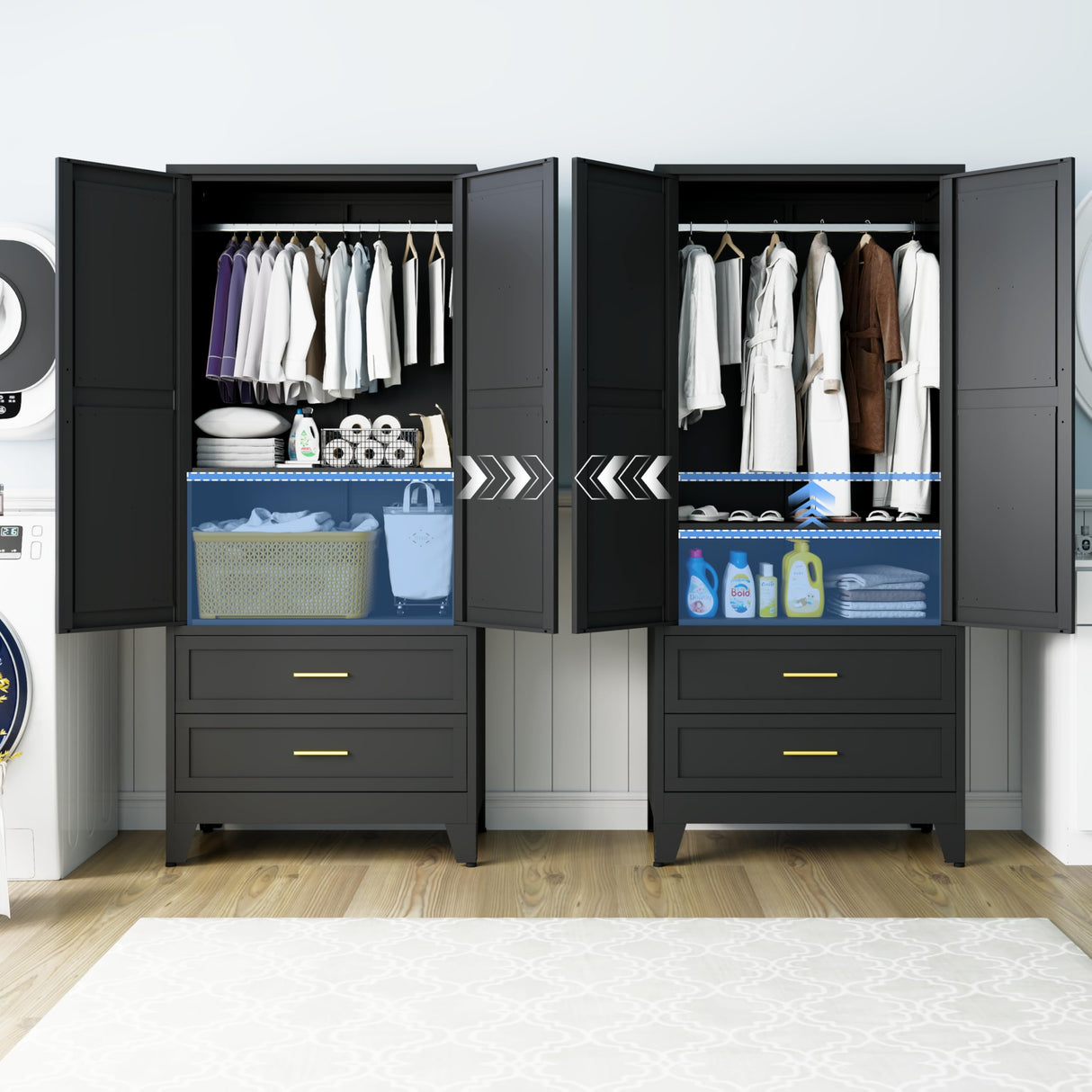 FIRMET Metal Wardrobe Closet Cabinet with Drawers,71" H Large Bedroom Armoires with Shelves and Hanging Rod,Wardrobe Storage Cabinet with 2 Doors, 1 Adjustable Shelf and 2 Drawers FIRMET