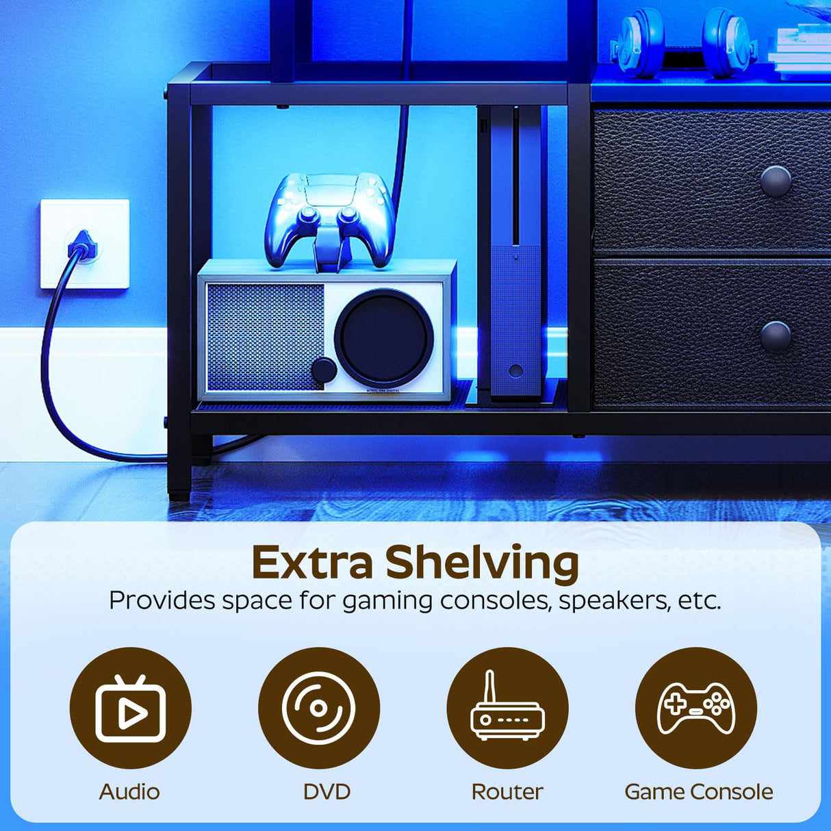 YATINEY TV Stand with LED Light and Power Outlets, Entertainment Center with Fabric Drawers and Open Shelves, TV Cabinet for TVs up to 50 Inch, Media Console for Living Room, Bedroom, Black DS03UDBB YATINEY