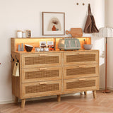 Dresser for Bedroom, 6 Drawer Boho Dresser with LED Light, Rattan Chest of Dressers, Modern Wood Dresser Chest, BesideTable for closet,Storage Organizer Cabinet for Hallway Entryway LivingRoom Natural Hiwelldas