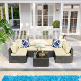 ELEGIBLISS 7 Pieces Patio Furniture Set - Outdoor Sectional Wicker Rattan Furniture with Cushion and Glass Table Patio Conversation Sets for Porch Poolside Backyard Outdoor Sofa Set Modular Sofa ELEGIBLISS