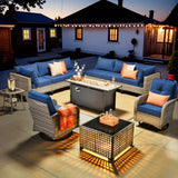 HOOOWOOO Outdoor Patio Furniture Set with Fire Pit Table,11 Pieces Wicker Out Door Sectional Furniture L Shaped Couch,Outside Patio Conversation Sets Swivel Chair,Navy Blue HOOOWOOO