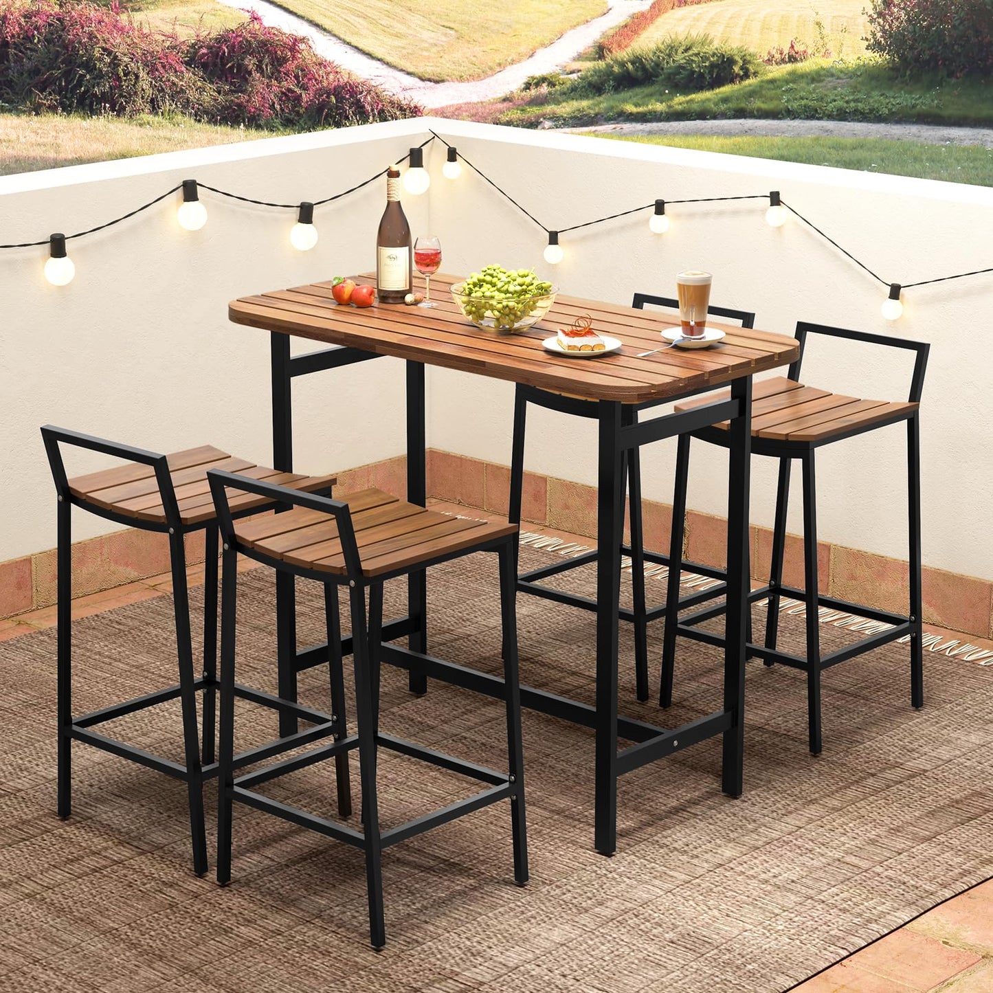 Tangkula 5-Piece Rustic Acacia Wood Outdoor Bar Set for Patio Dining and Relaxation