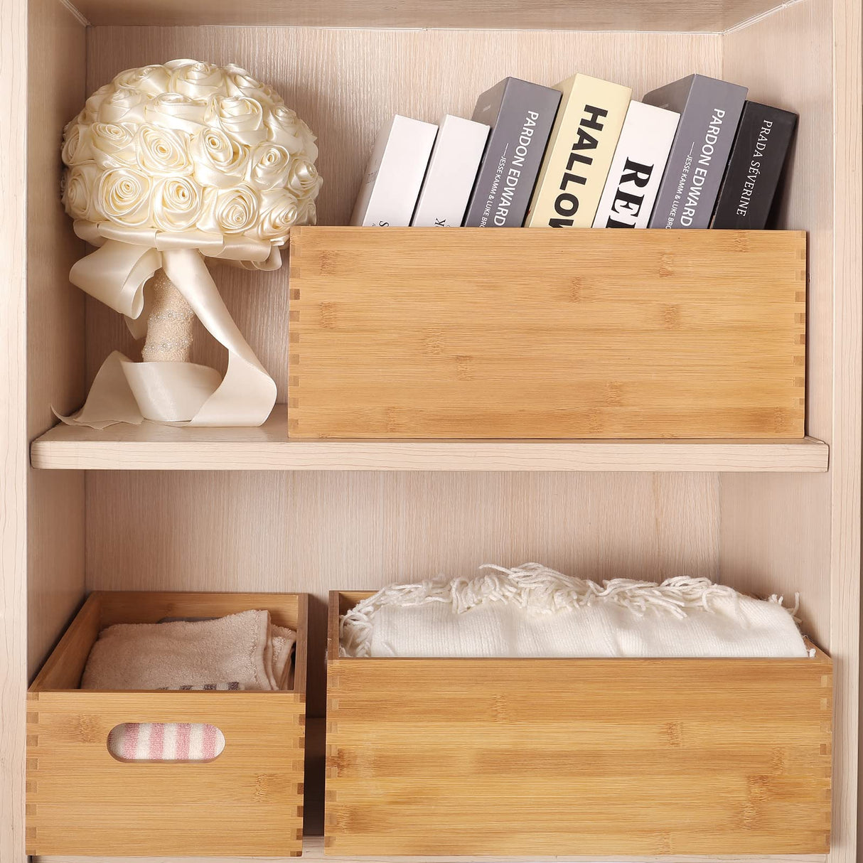 ANMINY Set of 4 Nesting Wooden Crates for Storage, Bamboo Wood Storage Containers Bins, Handmade Natural Large Wooden Storage Boxes Baskets with Handles for Organizing Shelf Closet Cabinet ANMINY