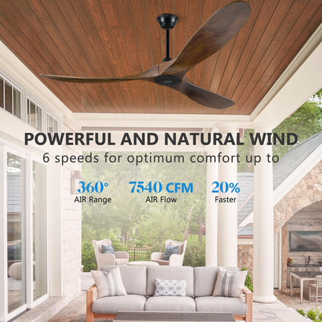Eliora Ceiling Fan without Light, 60 Inch Wood Ceiling Fan no Light with Remote Wall Switch, Outdoor Ceiling Fan for Patio, Porch, Bedroom, 6 Speed, Quiet DC Motor, ETL Listed-Deep Walnut Eliora