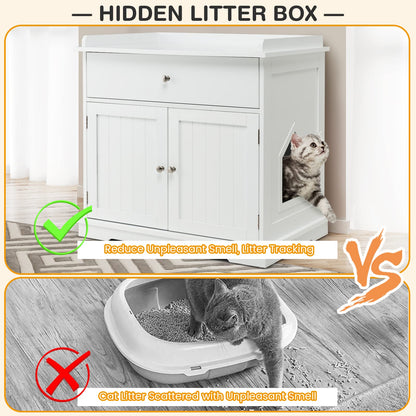 Tangkula Litter Box Enclosure, Cat Litter Box Furniture Hidden with Large Drawer, 2 Doors, Indoor Cat Washroom Storage Bench Side Table Cat House, Large Wooden Enclosed Litter Box Cabinet (Wh - WoodArtSupply