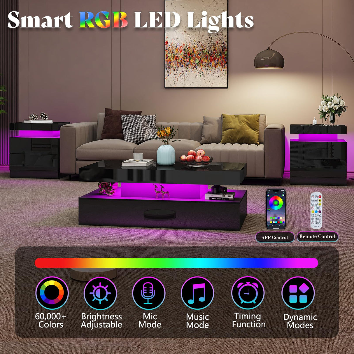 AMERLIFE High Gloss LED Coffee Table, Modern 2-Tier Center Table with LED Lights, Open Storage Space, 40in Simple Rectangular Sofa Side Table for Living Room, Black AMERLIFE