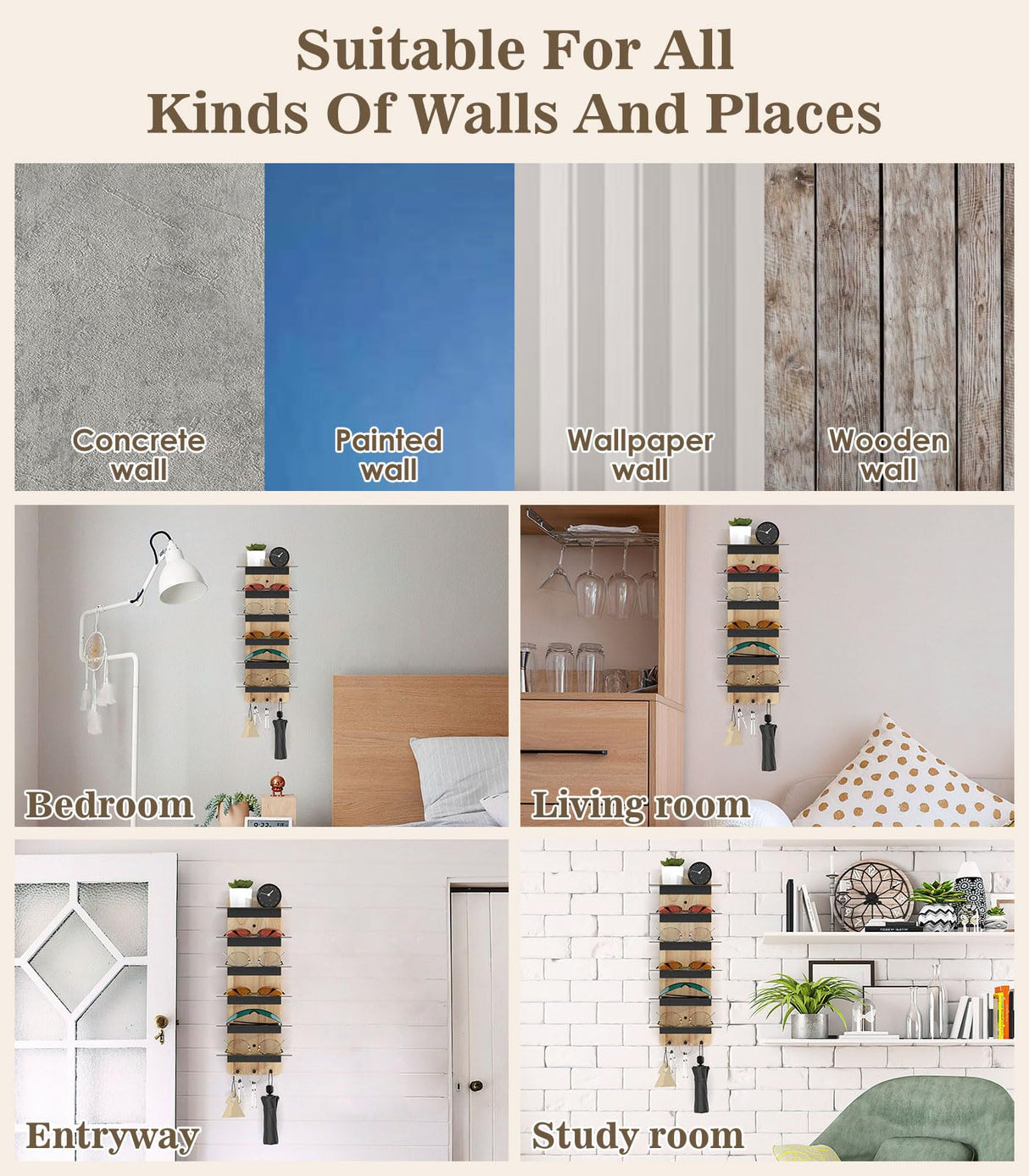 MoKo Sunglass Organizer Storage Rack, 6 Tiers Rustic Wood Sunglasses Display Rack with 3 Hooks, Wall Mounted Sunglass Storage for Entryway Living Room Bedroom, Wood + Black MoKo