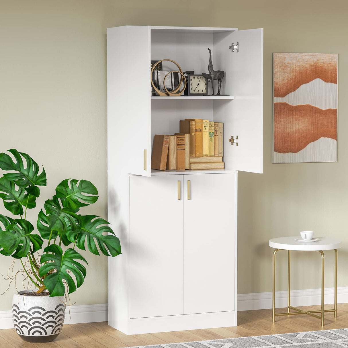 Cozy Castle 71" Tall Kitchen Pantry, Freestanding Pantry Cabinet with Adjustable Shelves and Doors for Kitchen, Dining Room, White Cozy Castle