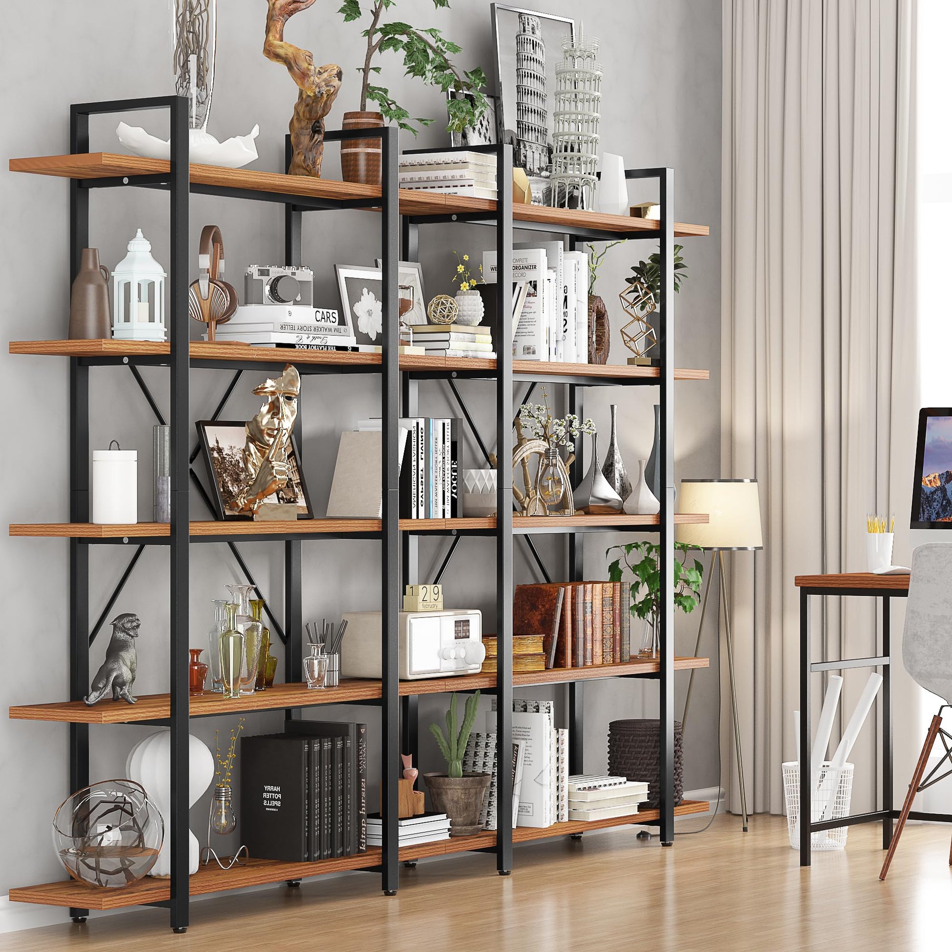 BATHWA 5-Tier Rustic Industrial Bookshelf - 6ft Tall Wooden and Metal Bookcase for Home & Office Storage - WoodArtSupply