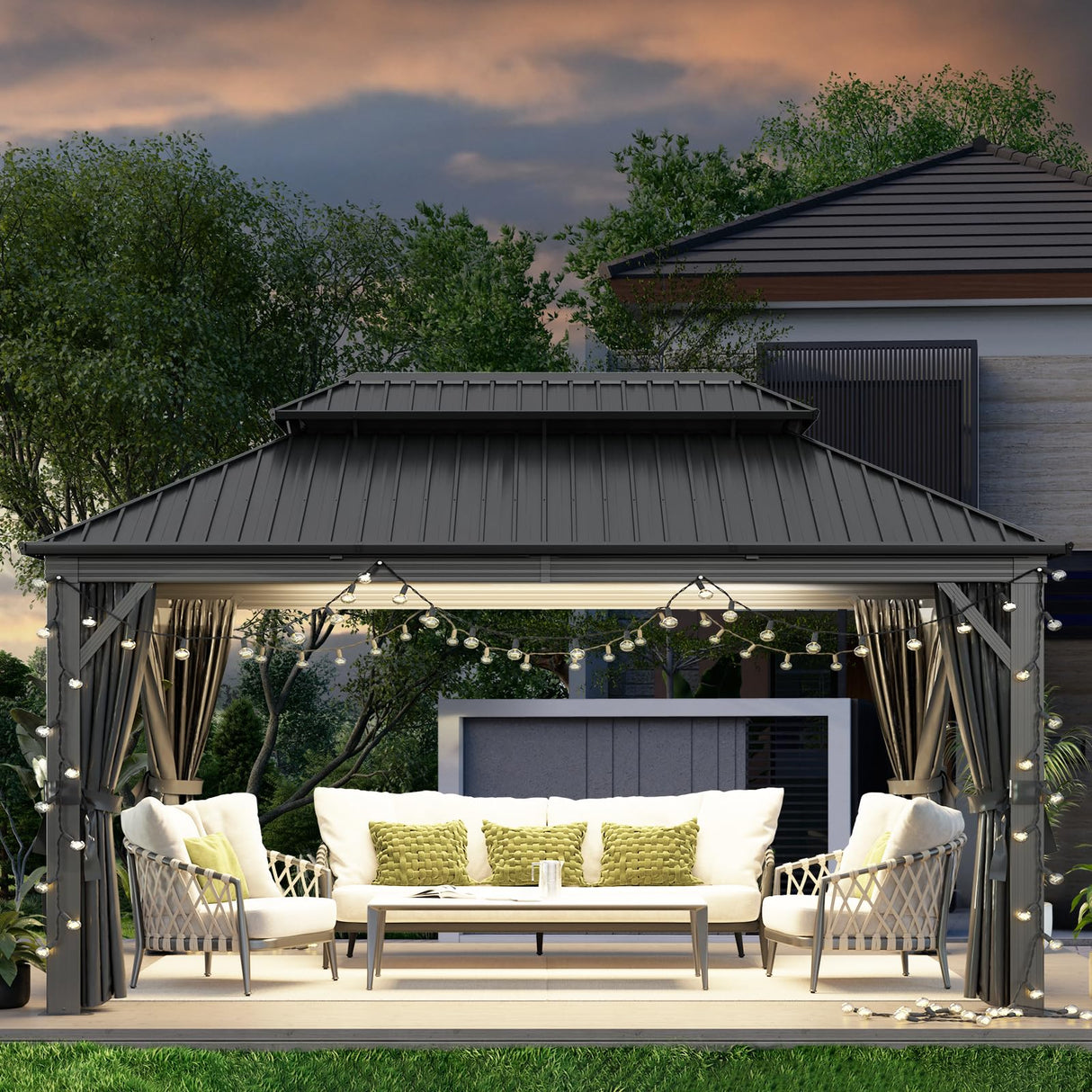 oneinmil 12' X 16' Hardtop Gazebo, Outdoor Gazebo with Netting and Curtains, Galvanized Steel Double Top Permanent Aluminum Gazebo, for Gardens, Decks, Patios, Parties oneinmil