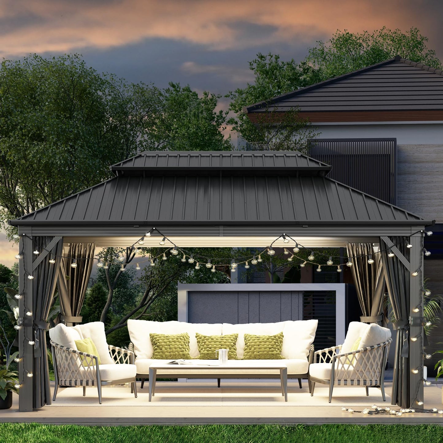 oneinmil 12' X 16' Hardtop Gazebo, Outdoor Gazebo with Netting and Curtains, Galvanized Steel Double Top Permanent Aluminum Gazebo, for Gardens, Decks, Patios, Parties - WoodArtSupply