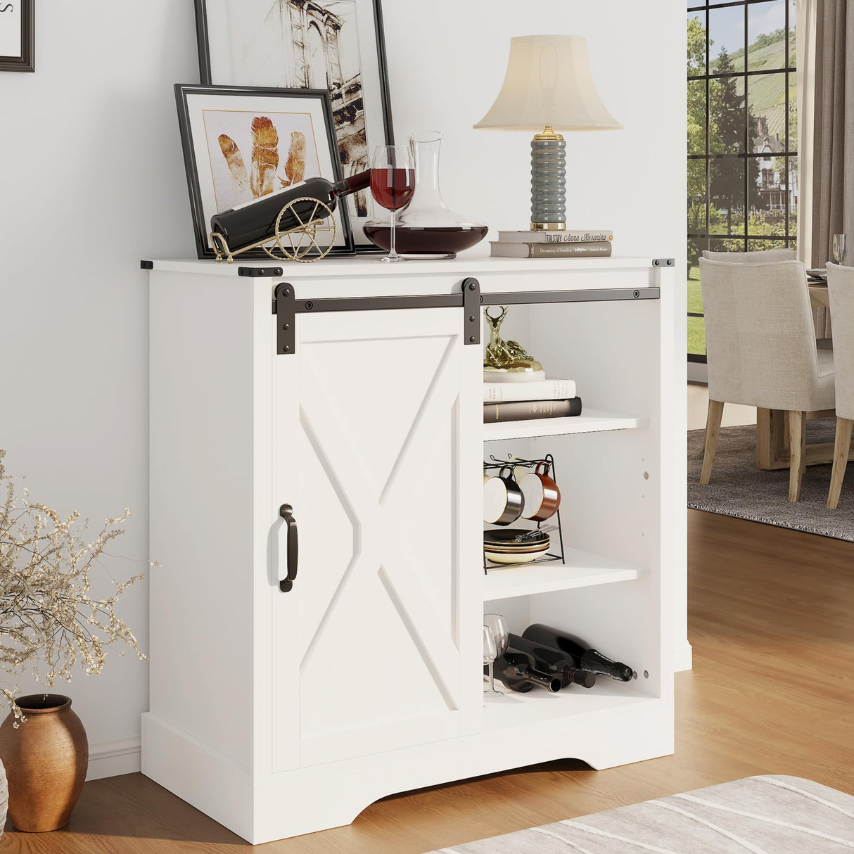 HEYNEMO Farmhouse Coffee Bar Cabinet with Sliding Barn Door, 32" H Accent Cabinet with 2 Drawers and Removable Partitions, Wooden Rustic Buffet Sideboard Storage Cabinet for Living Room, White HEYNEMO