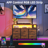 GYIIYUO LED TV Stand with Mount and Power Outlet & 6 Fabric Drawers for 32-75 Inches TV - Entertainment Center and Industrial TV Dresser Console Table for Living Room, Bedroom- 47" Rustic Brown GYIIYUO