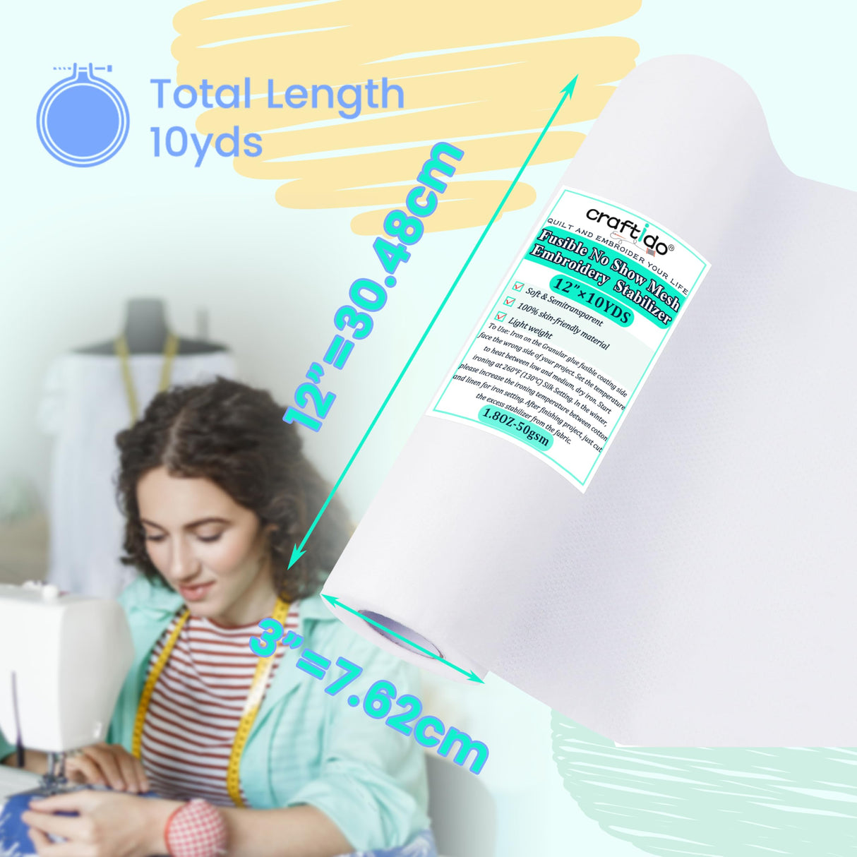 Craftido Fusible Iron on No Show Mesh Machine Embroidery Stabilizer Backing 12" x 10 Yd roll - Light Weight 1.8 oz for Machine Embroidery and Hand Sewing craftido