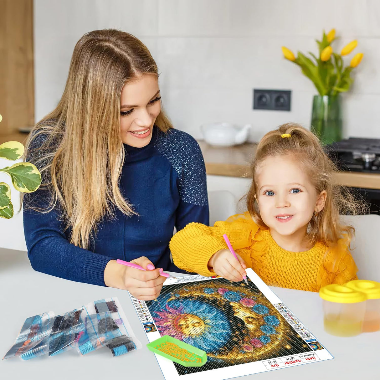 GDYEEH DIY 5D Sun and Moon Diamond Art Kits, Colourful Flowers Round Full Drill Sparkling Diamond Painting Picture, Diamond Painting Art Kits Craft for Adults Beginners, Home Wall Decor 12x12 inch GDYEEH