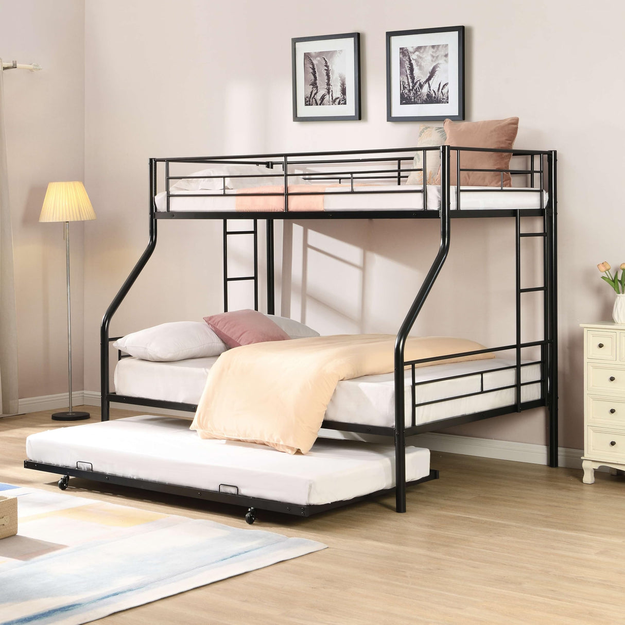 Zyerch Twin Over Full Bunk Bed with Trundle, Metal Bed Frame Bunkbeds Twin Over Full for Kids Adults with 2 Ladders & Guardrail, Noise Free Easy to Assemble, Black Zyerch